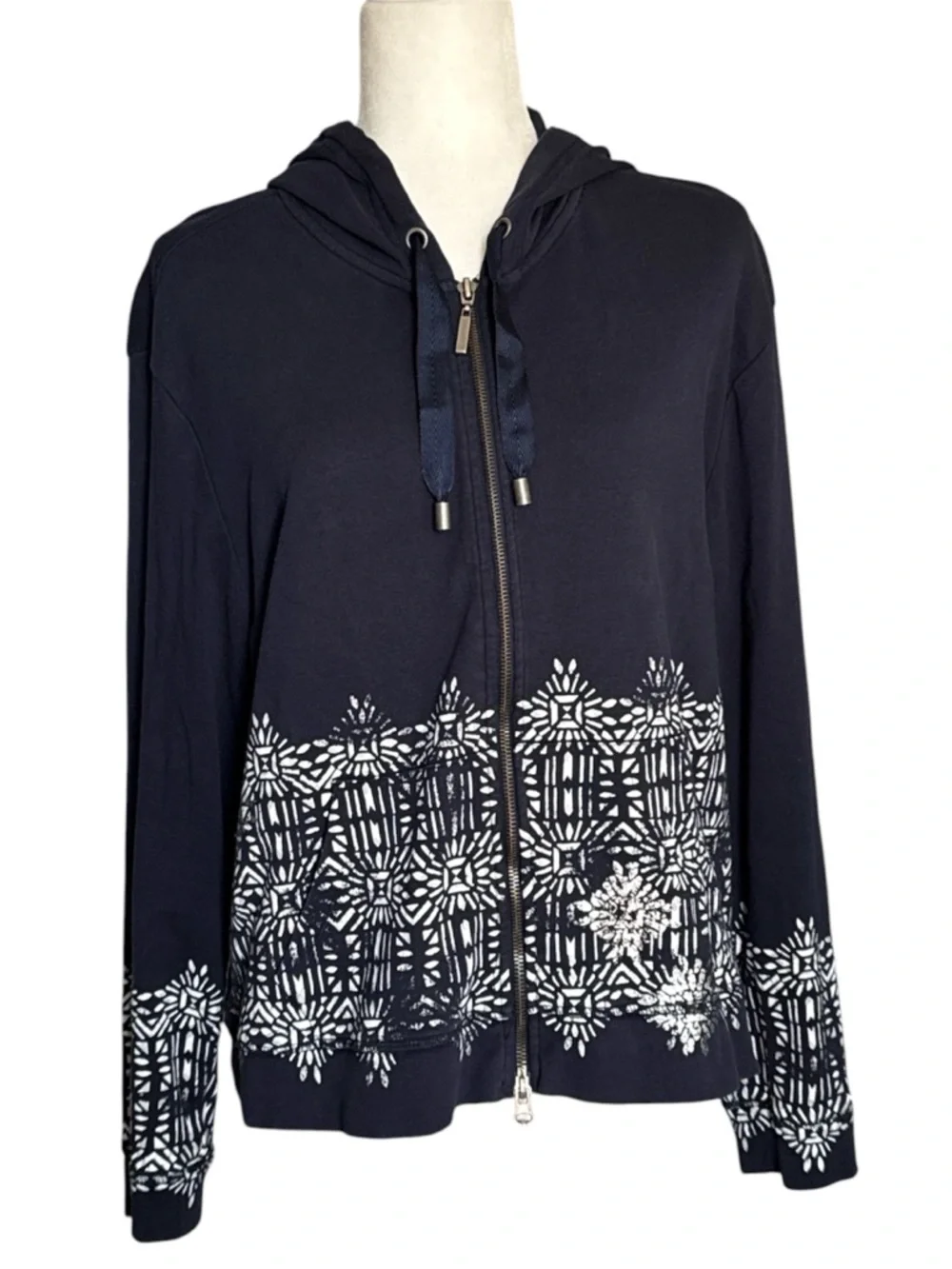 Chico’s Zenergy Navy Zip-Front Hoodie with White Pattern - Picture 6 of 11